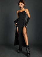 Spaghetti Strap Lace Up High Split Ruched Bandage Maxi Dress
