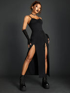 Spaghetti Strap Lace Up High Split Ruched Bandage Maxi Dress