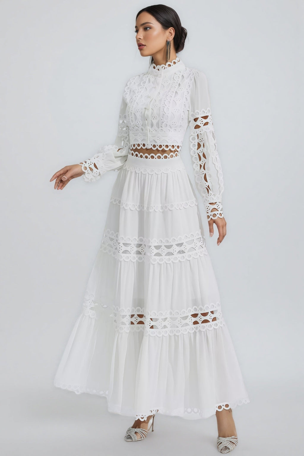 Alerolt White Lace Hollow Maxi Dress Set