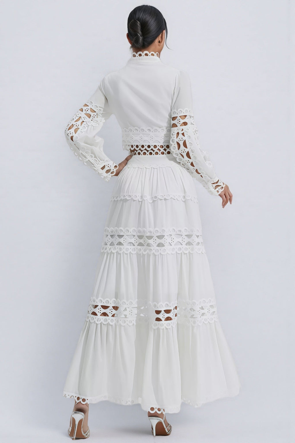 Alerolt White Lace Hollow Maxi Dress Set