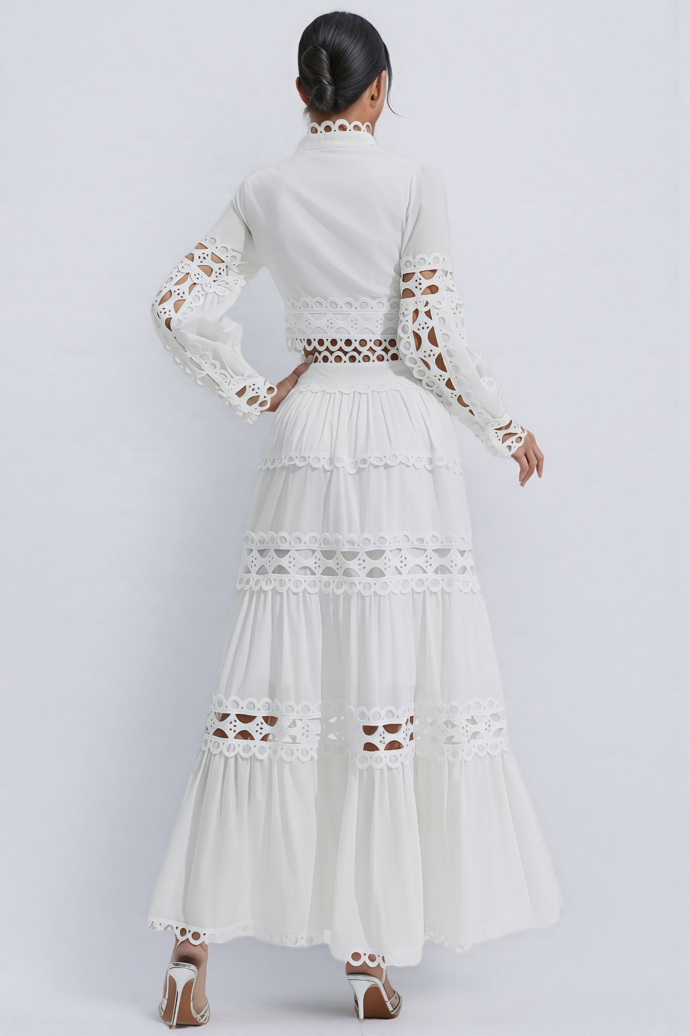 Alerolt White Lace Hollow Maxi Dress Set