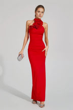 Bonnie Halter Gown Dress with Ruched 3D Flowers