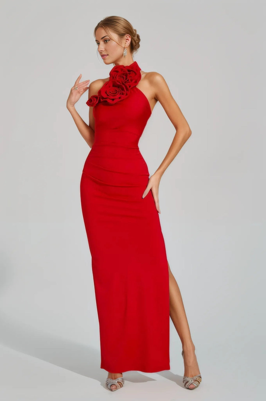 Bonnie Halter Gown Dress with Ruched 3D Flowers