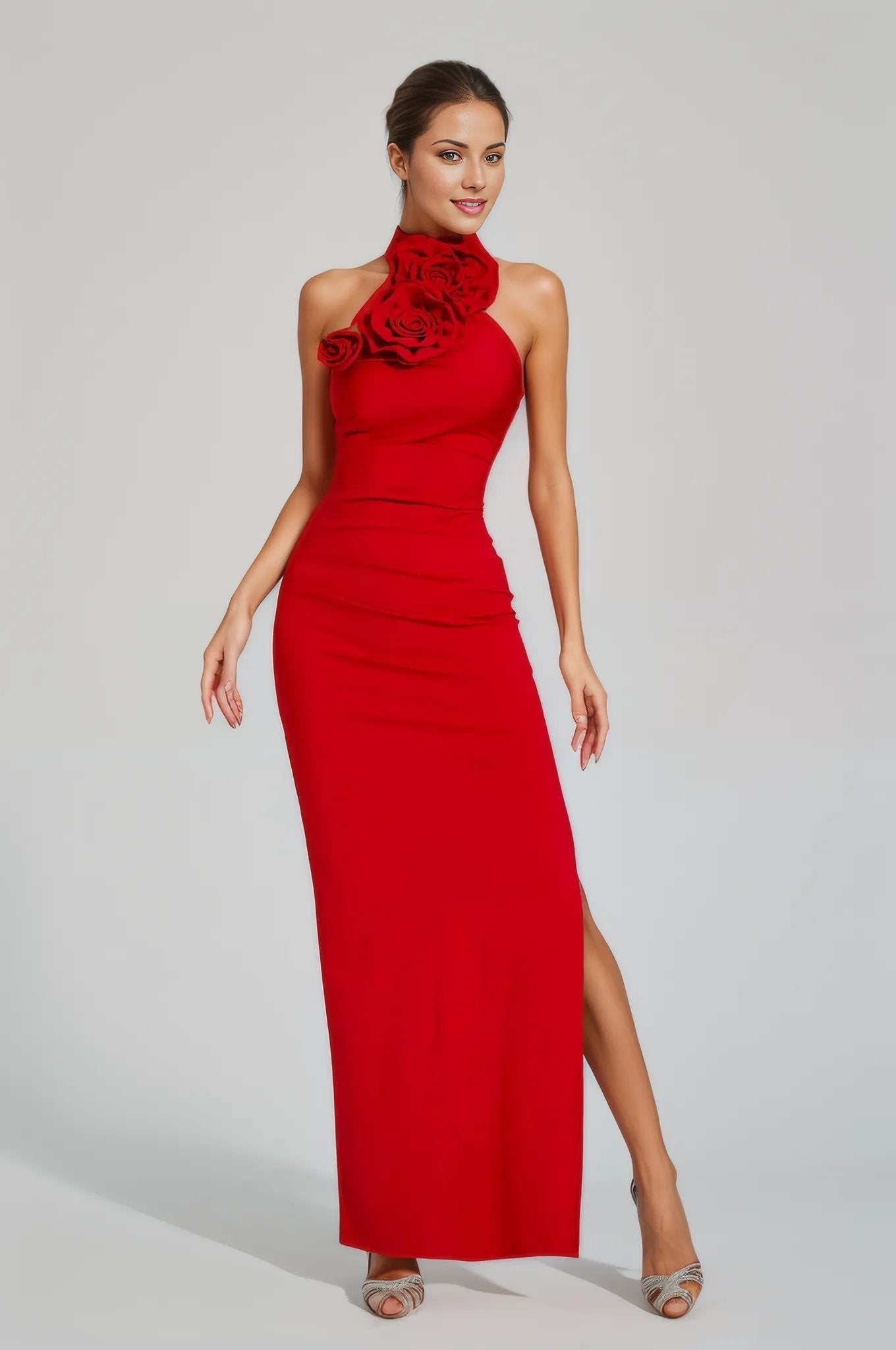 Bonnie Halter Gown Dress with Ruched 3D Flowers