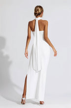 Bonnie Halter Gown Dress with Ruched 3D Flowers