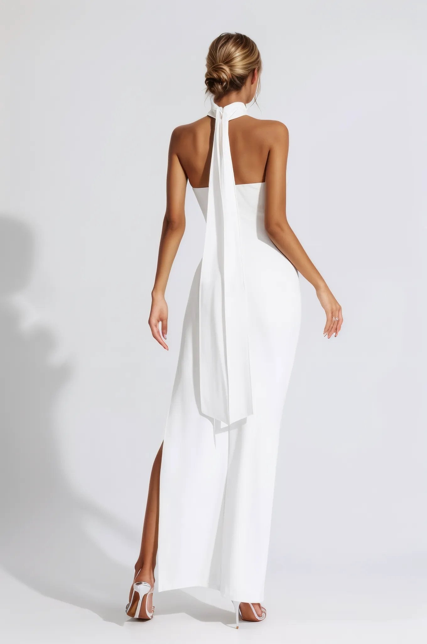 Bonnie Halter Gown Dress with Ruched 3D Flowers