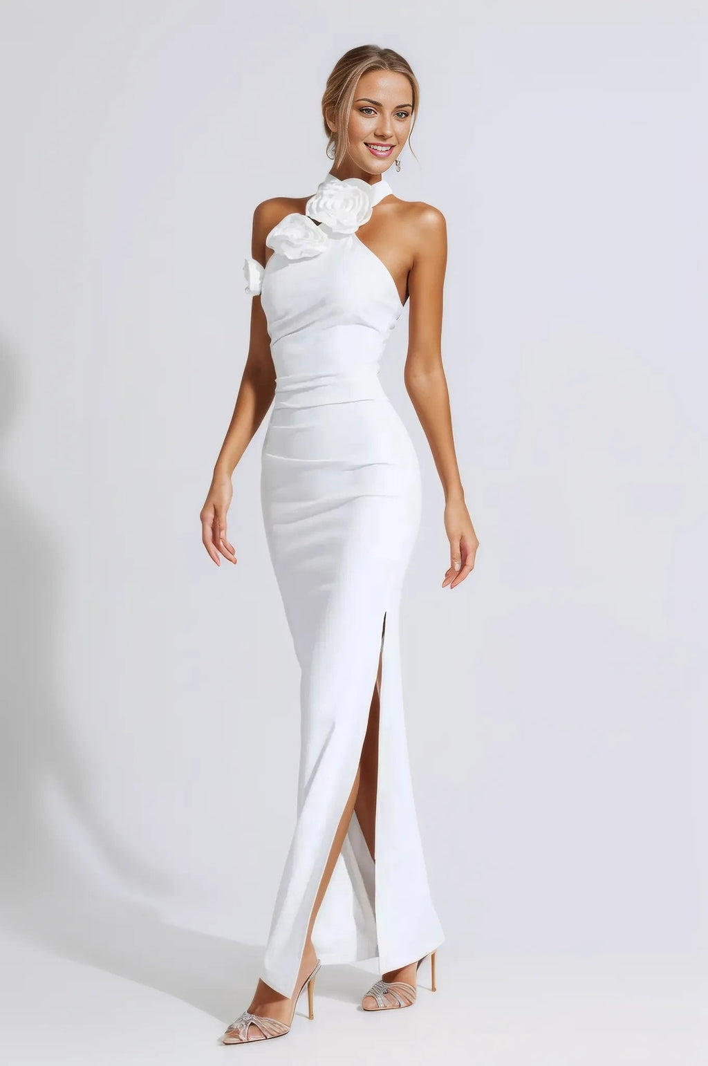 Bonnie Halter Gown Dress with Ruched 3D Flowers