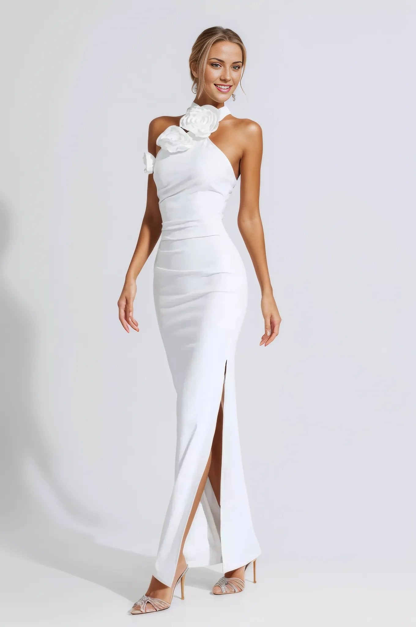 Bonnie Halter Gown Dress with Ruched 3D Flowers