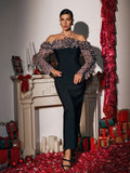 Print Halter Neck Off Shoulder Ruffle Tiered Sleeve Bodycon Maxi Dress