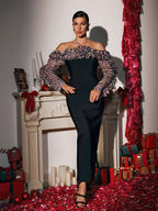 Print Halter Neck Off Shoulder Ruffle Tiered Sleeve Bodycon Maxi Dress