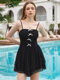 Bow Tie Ruched Asymmetrical Hem Mesh Cami Dress