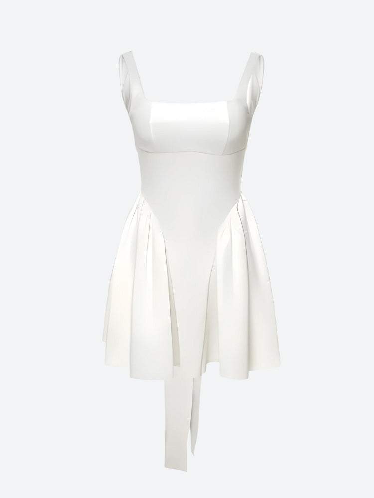 Square Neck Wide Strap Bow Back Pleated Fit and Flare Mini Dress