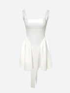 Square Neck Wide Strap Bow Back Pleated Fit and Flare Mini Dress