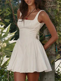 Square Neck Wide Strap Bow Back Pleated Fit and Flare Mini Dress
