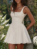 Square Neck Wide Strap Bow Back Pleated Fit and Flare Mini Dress