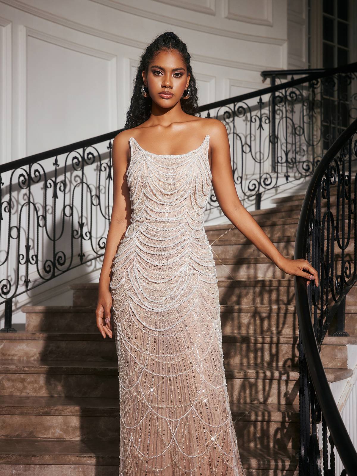Beaded Chandelier Scoop Neck Sleeveless Column Maxi Gown