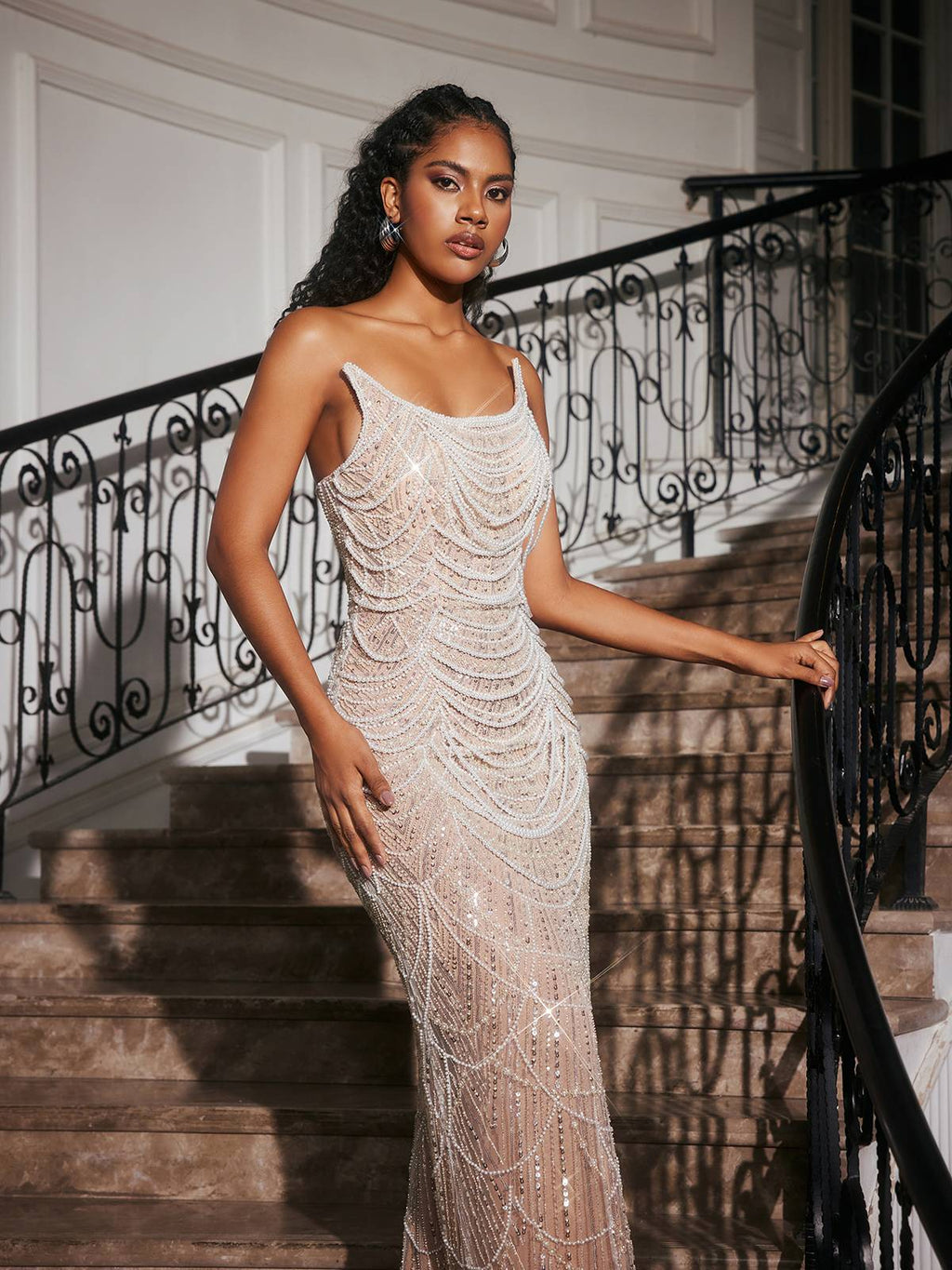 Beaded Chandelier Scoop Neck Sleeveless Column Maxi Gown