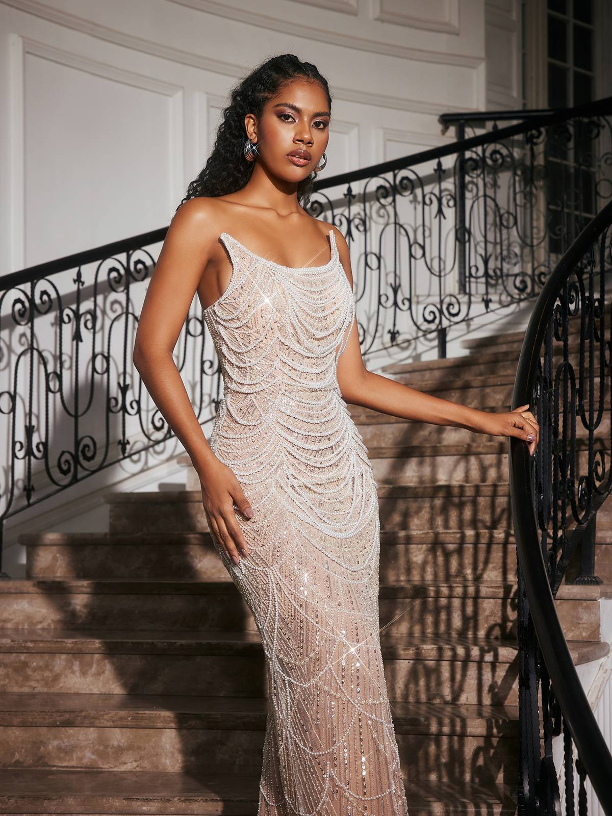 Beaded Chandelier Scoop Neck Sleeveless Column Maxi Gown