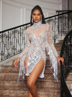 Sequin Fringe High Neck Long Sleeve High Split Panel Mini Dress