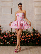 Strapless Smocked Floral Print Tiered Scalloped Trim Mini Dress
