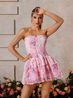 Strapless Smocked Floral Print Tiered Scalloped Trim Mini Dress