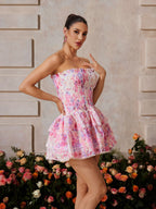 Strapless Smocked Floral Print Tiered Scalloped Trim Mini Dress