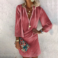 Velvet V-Neck Bell Sleeve Embroidered Eyelet Hem Mini Dress
