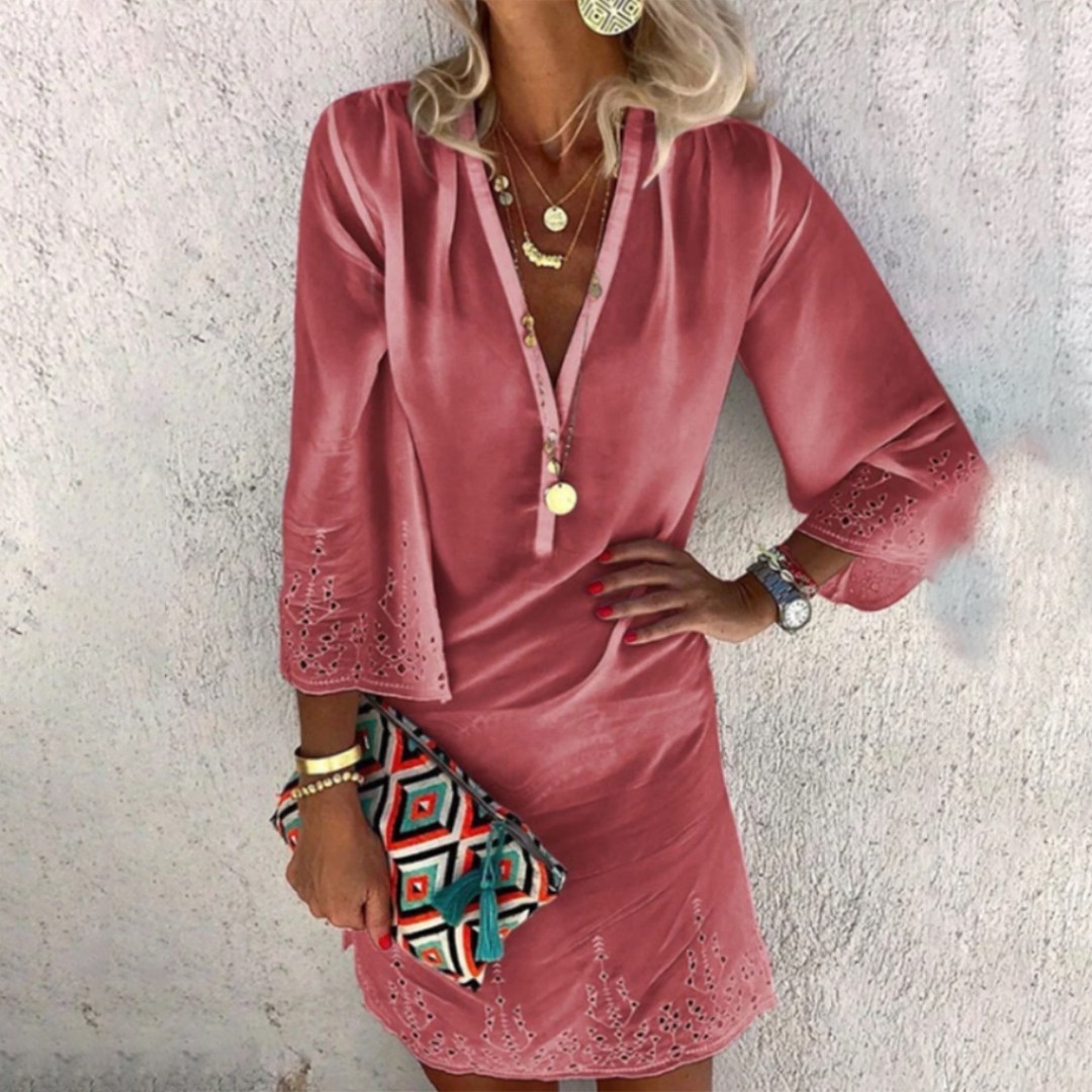 Velvet V-Neck Bell Sleeve Embroidered Eyelet Hem Mini Dress
