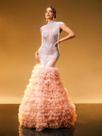 Rhinestone High Neck Beaded Fringe Cap Sleeve Mermaid Ruffle Gown