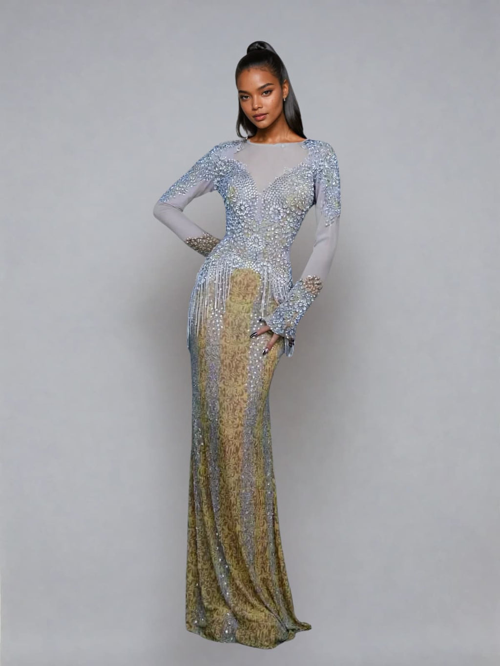 Illusion Mock Neck Rhinestone Fringe Mermaid Maxi Gown