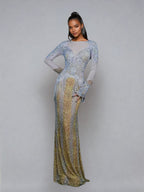 Illusion Mock Neck Rhinestone Fringe Mermaid Maxi Gown