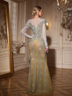 Illusion Mock Neck Rhinestone Fringe Mermaid Maxi Gown