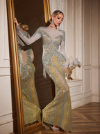 Illusion Mock Neck Rhinestone Fringe Mermaid Maxi Gown