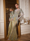 Illusion Mock Neck Rhinestone Fringe Mermaid Maxi Gown