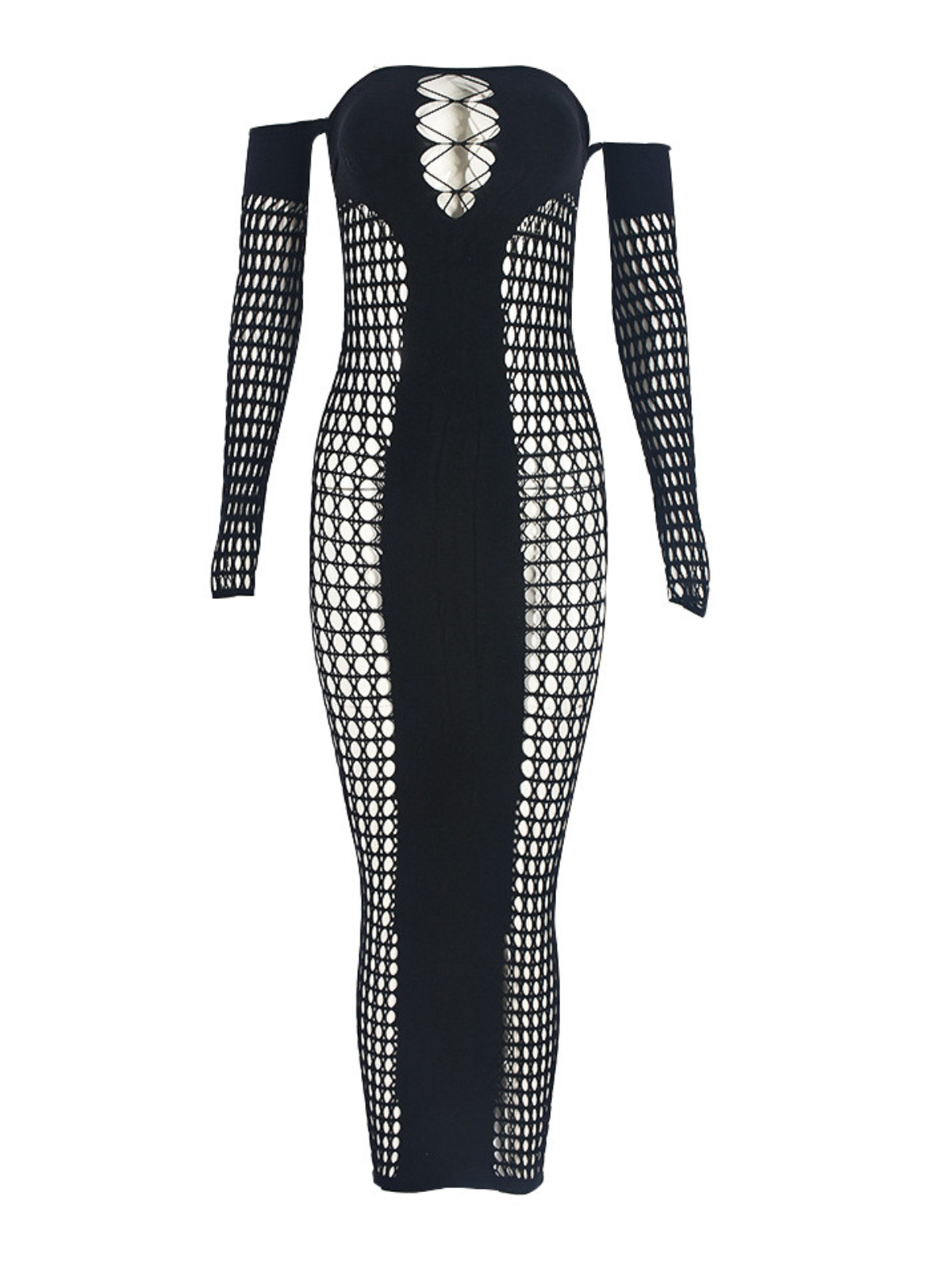 Off Shoulder Lace Up Cutout Fishnet Panel Maxi Dress