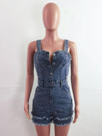 Deep V Neck Denim Romper For Women - Medium Blue Sexy Bodycon Frayed Hem Shorts Jumpsuit - Summer Music Festival Party 2026