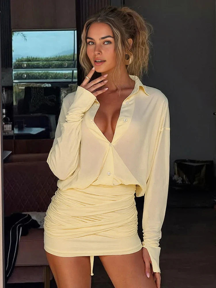 Butter Yellow Shirt & Mini Skirt Two Piece Set