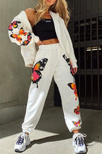 Butterfly Print Zip-up Hoodie Sweatpants Set