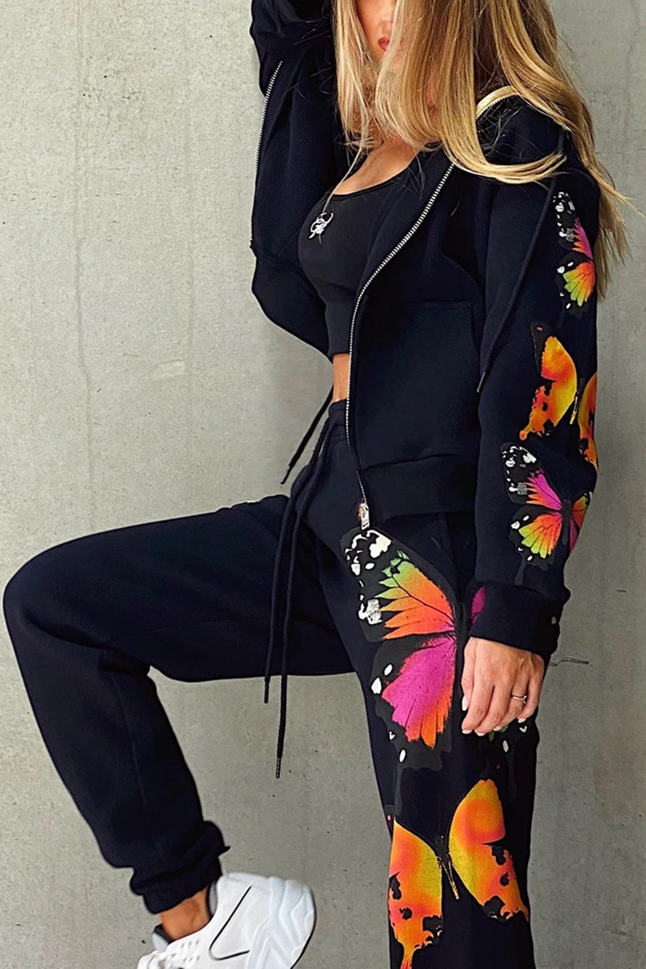 Butterfly Print Zip-up Hoodie Sweatpants Set