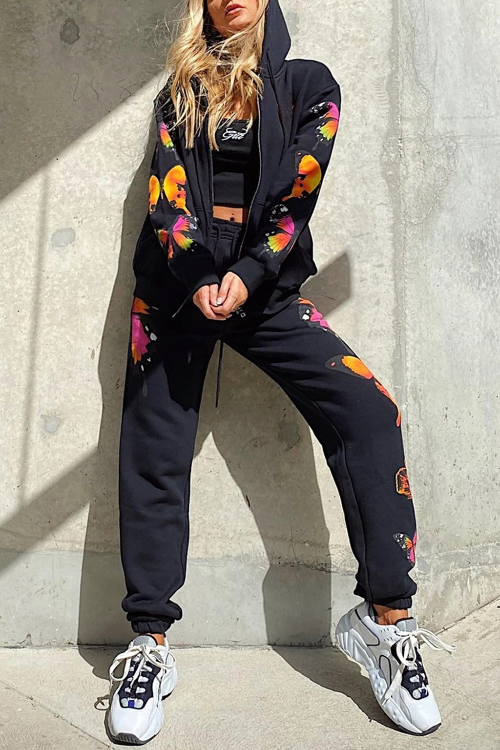 Butterfly Print Zip-up Hoodie Sweatpants Set