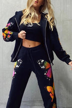 Butterfly Print Zip-up Hoodie Sweatpants Set
