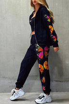 Butterfly Print Zip-up Hoodie Sweatpants Set