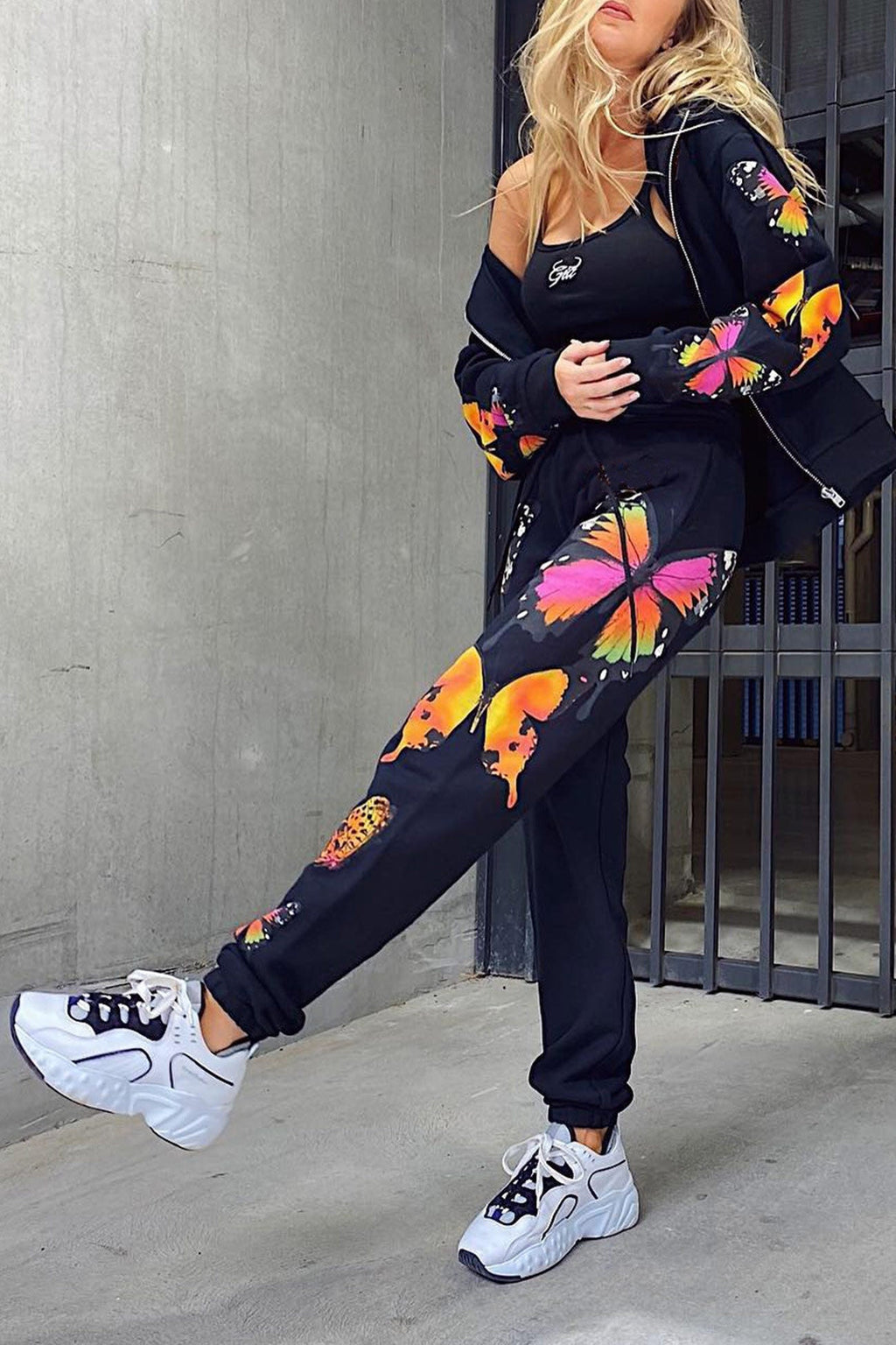 Butterfly Print Zip-up Hoodie Sweatpants Set
