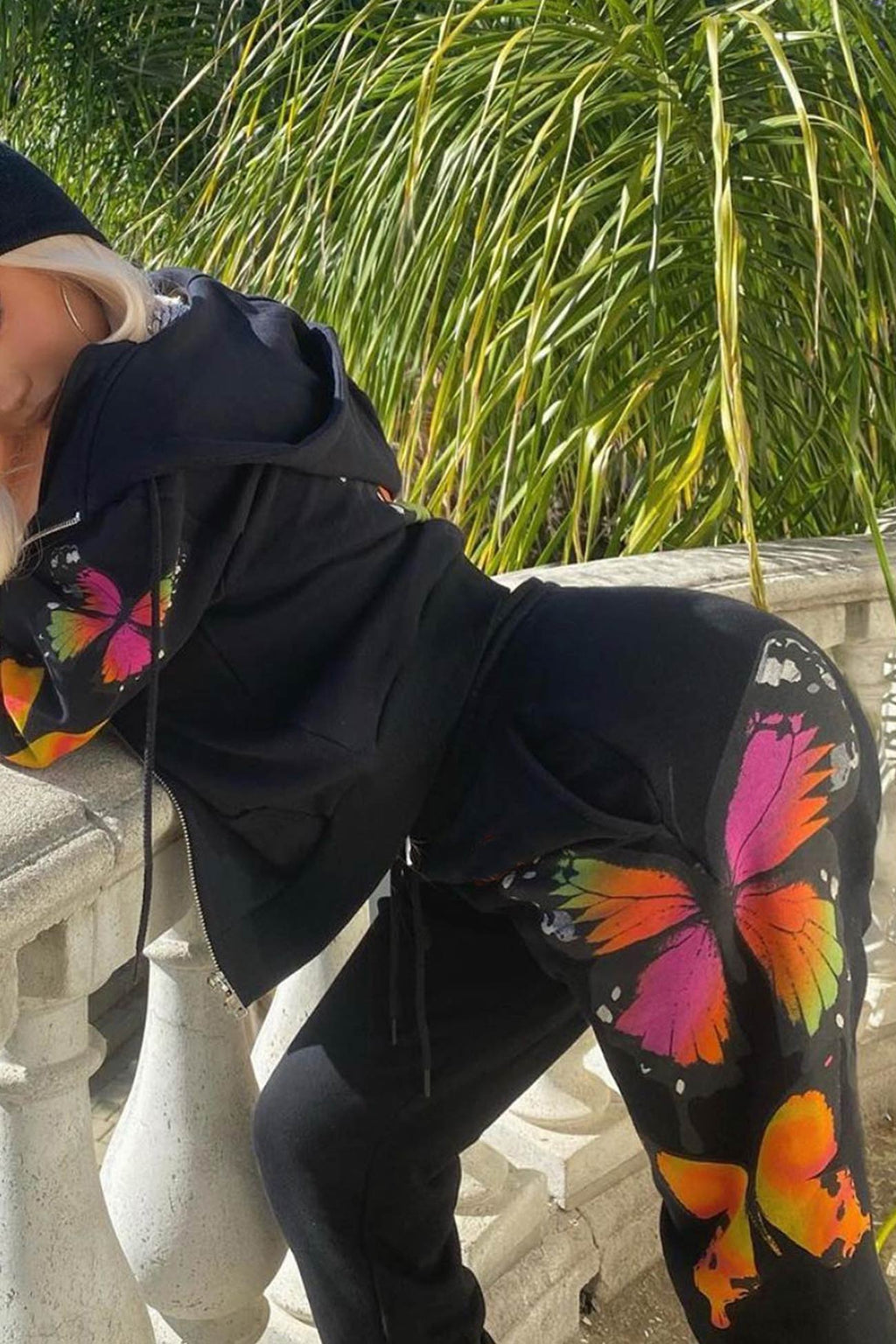Butterfly Print Zip-up Hoodie Sweatpants Set