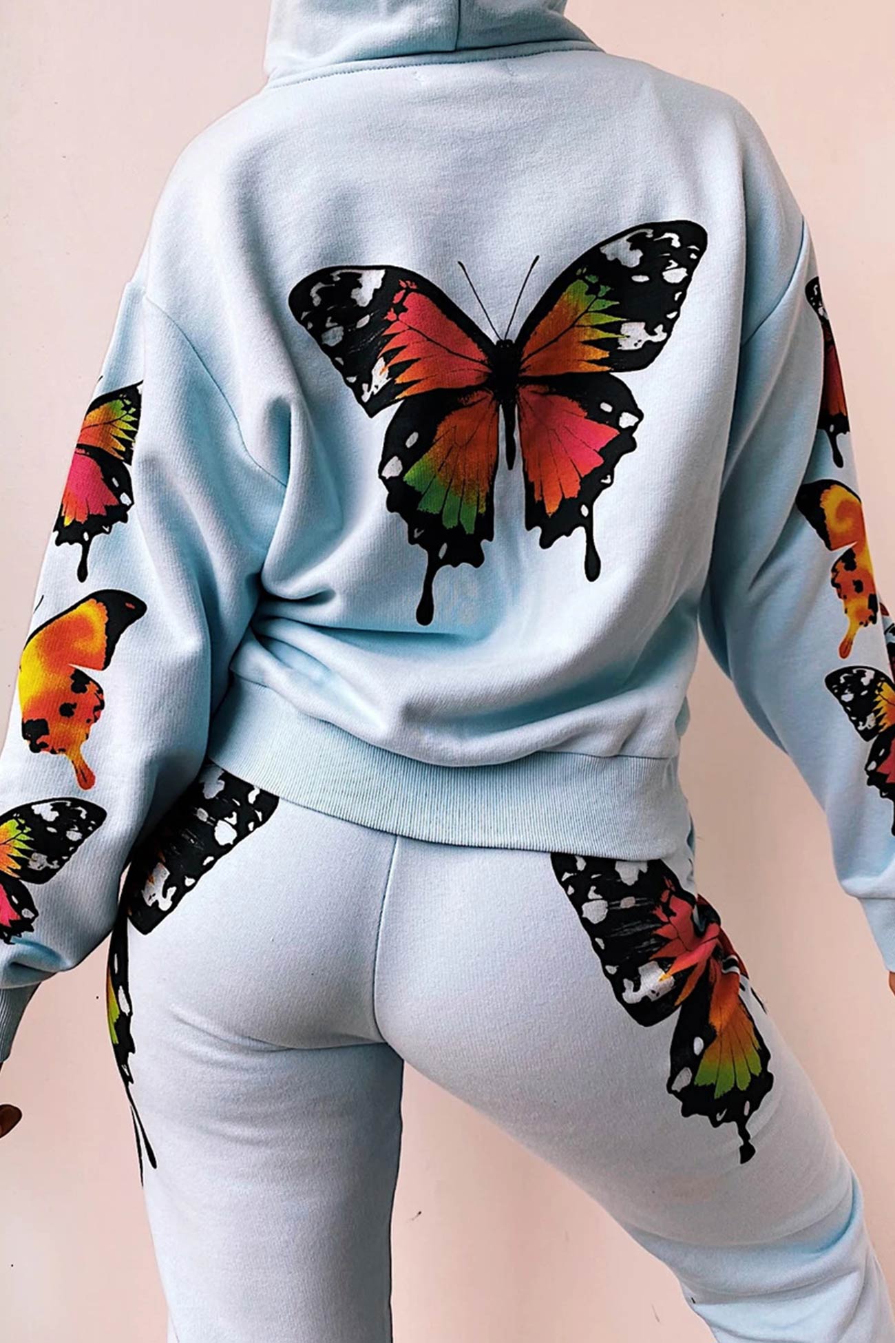 Butterfly Print Zip-up Hoodie Sweatpants Set