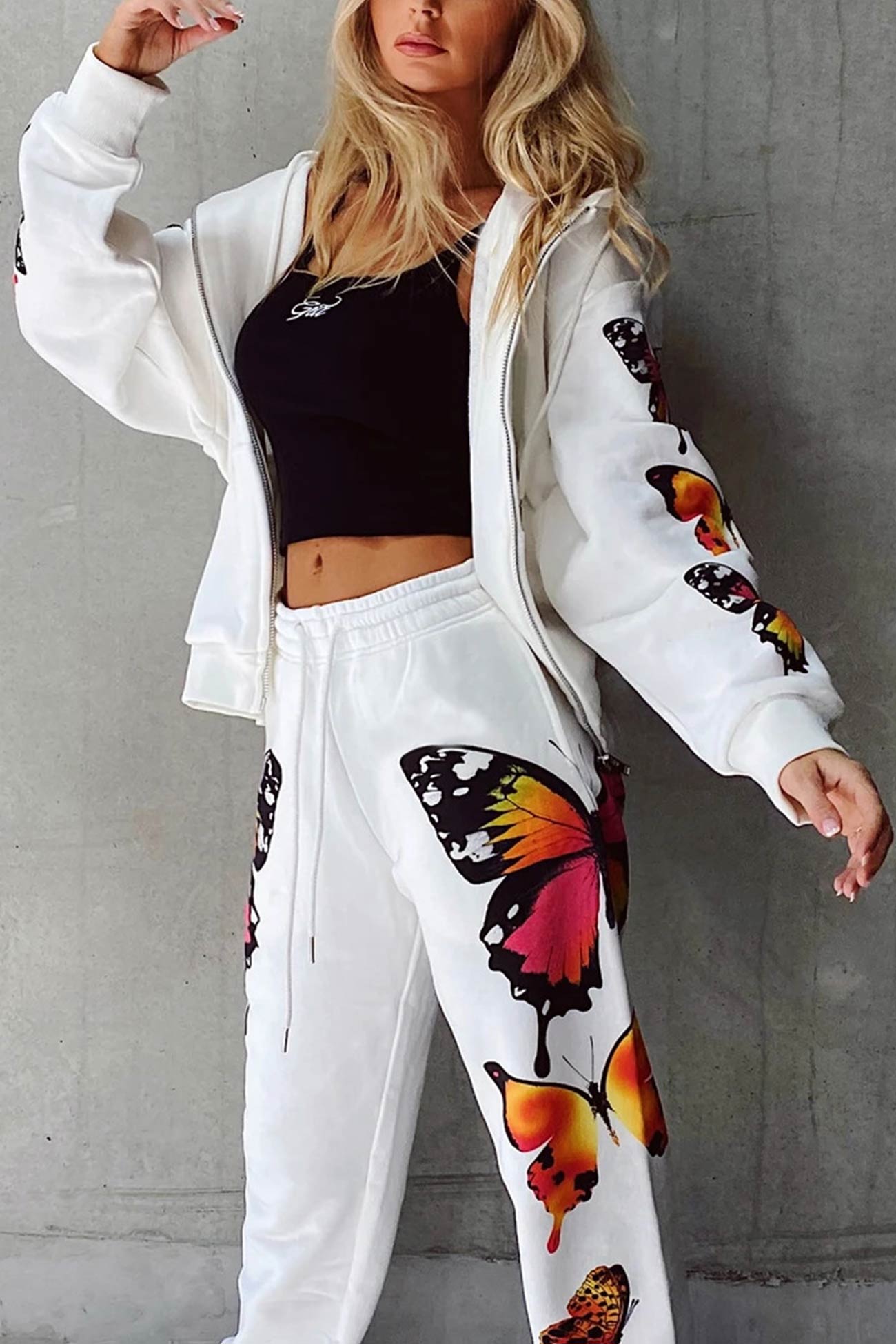 Butterfly Print Zip-up Hoodie Sweatpants Set