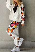 Butterfly Print Zip-up Hoodie Sweatpants Set