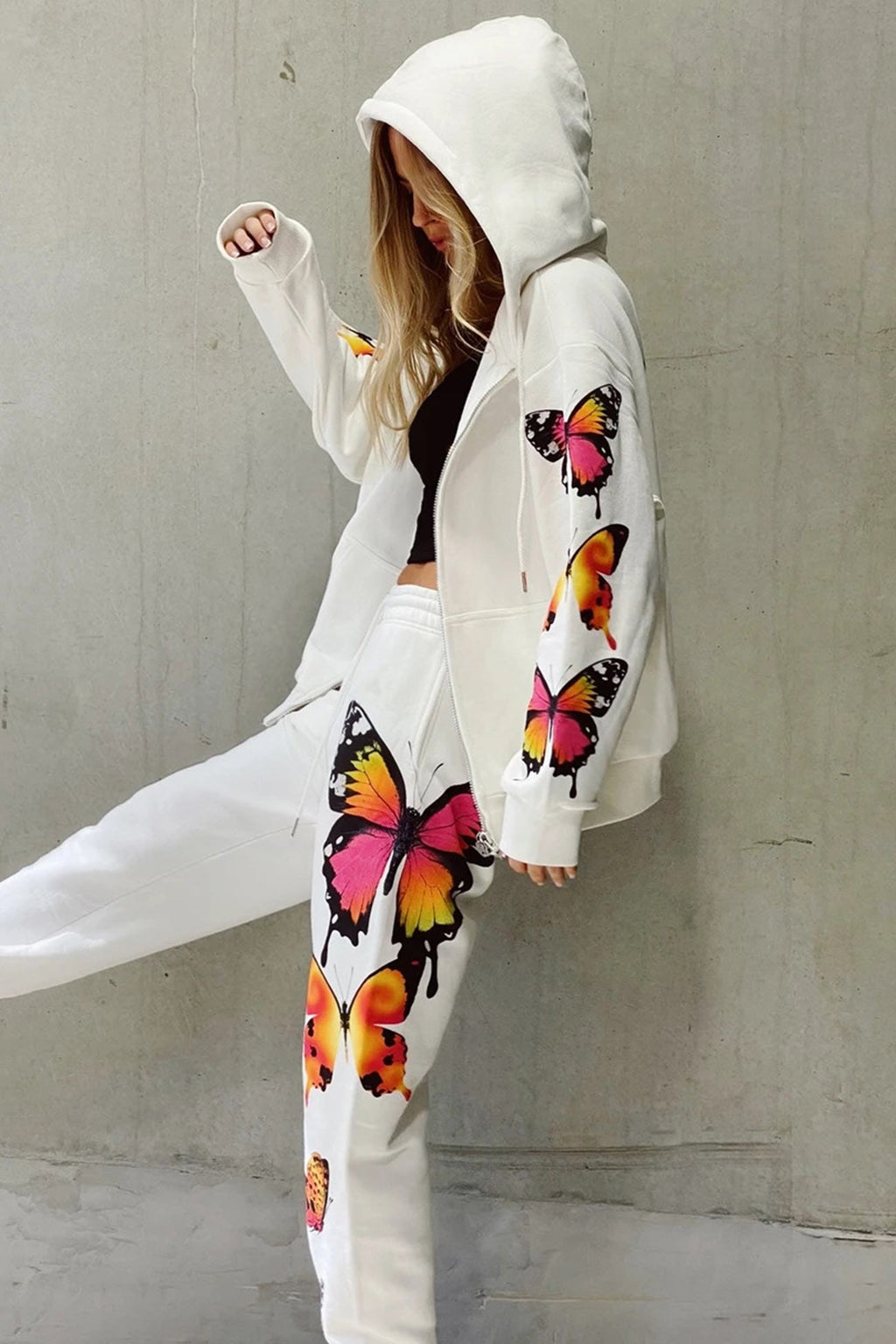 Butterfly Print Zip-up Hoodie Sweatpants Set