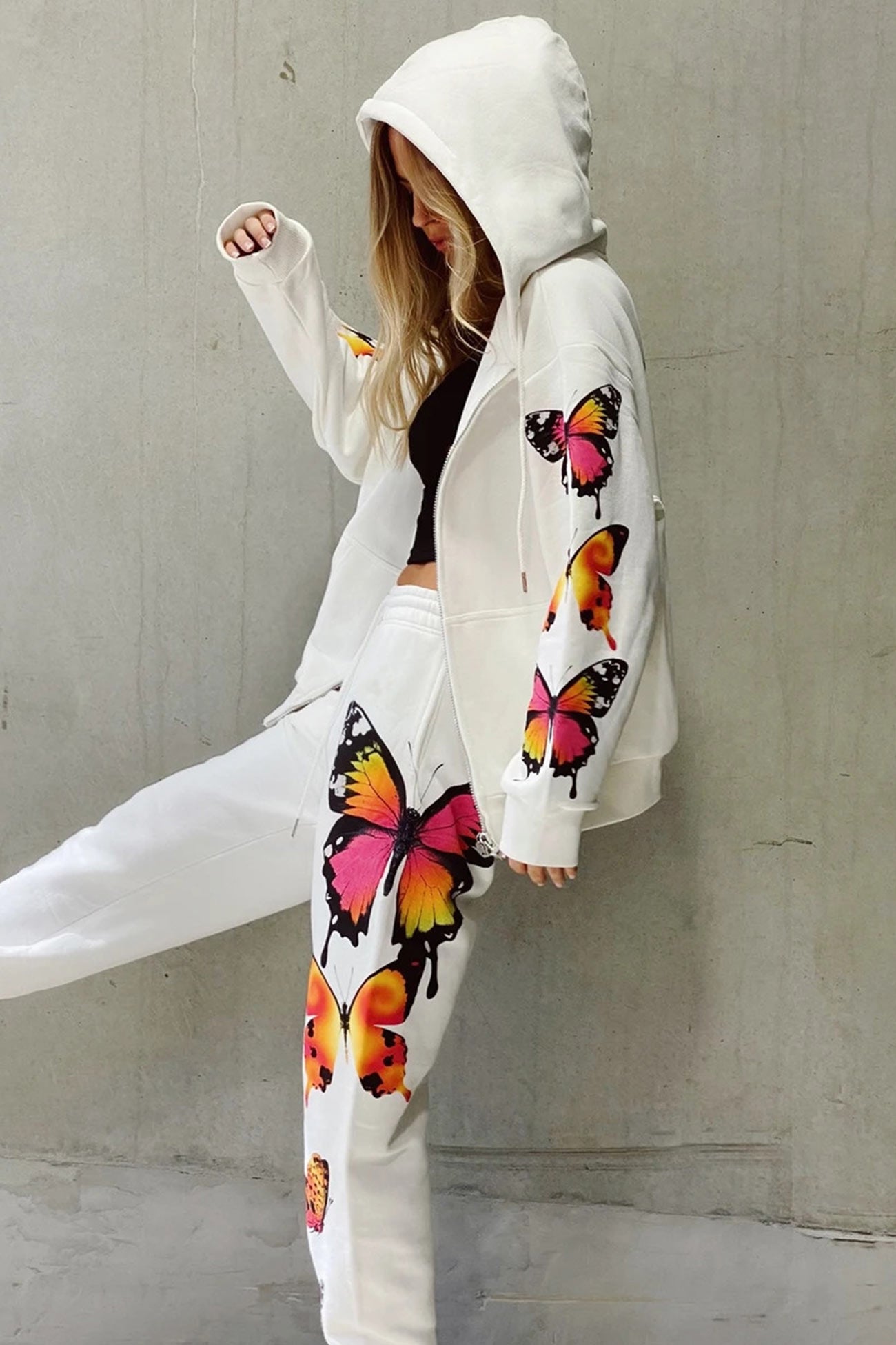 Butterfly Print Zip-up Hoodie Sweatpants Set