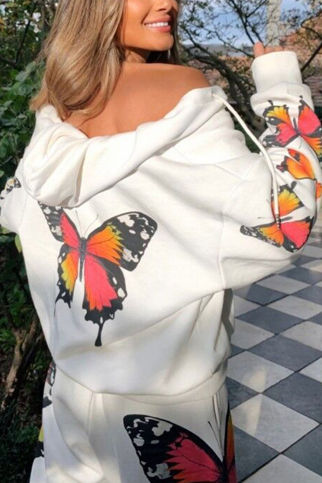 Butterfly Print Zip-up Hoodie Sweatpants Set